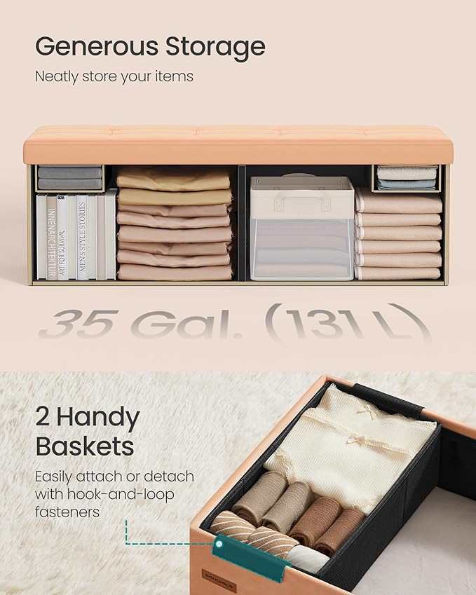 SONGMICS Mazie Collection - Storage Ottoman Bench, Foldable Foot Rest, 15 x 43 x 15 Inches, End of Bed Bench, Storage Chest, Load 660 lb, Living Room, Bedroom, Entryway, Apricot ULSF277O01