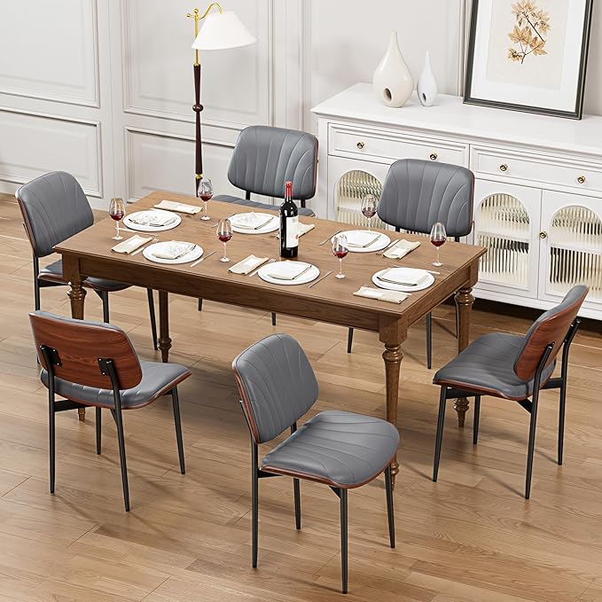 Dining Chairs Set of 2, Dining Room and Kitchen Chairs, Mid Century Modern Accent Chair, Upholstered PU Leather Chairs for Vanity with Walnut Bentwood and Metal Legs, Gray