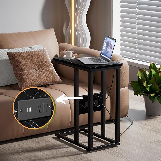 VECELO C Shaped End Table with Charging Station & Power Outlets, Quick Access Side Table for Sofa, C Bedside for Living Room Bedroom 1 Set,Black Marble