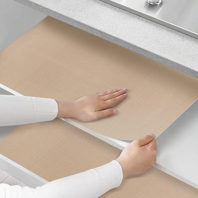 Shelf and Drawer Liner for Kitchen Cabinets Non-Adhesive, Strong Grip Non-Slip Thickened Cabinet Liners for Shelves, Waterproof Mats for Dresser Cupboard, Khaki, 12 in x 20 Feet