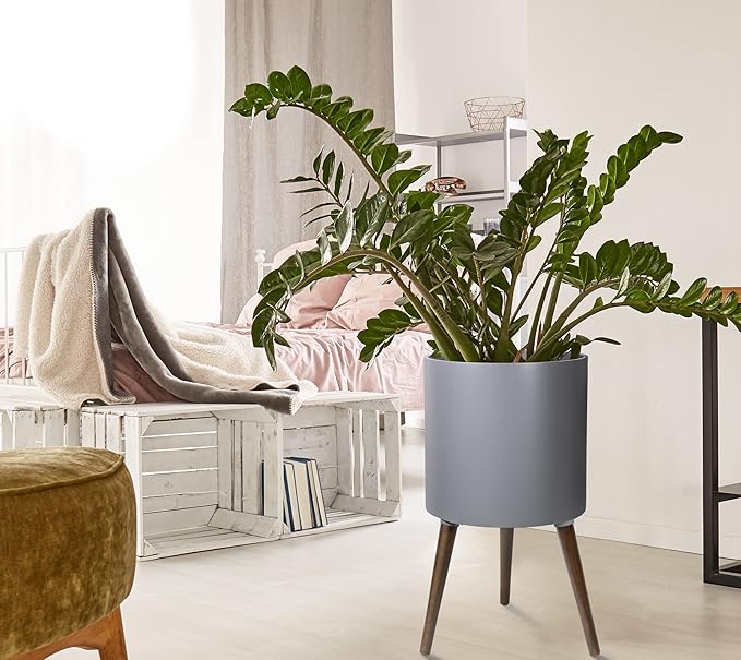D'vine Dev 14 Inch Planter Pot with Stand, Mid-Century Tall Plant Pot with Legs for Indoor Plants, X-Large, Grey, 88-O-D-3