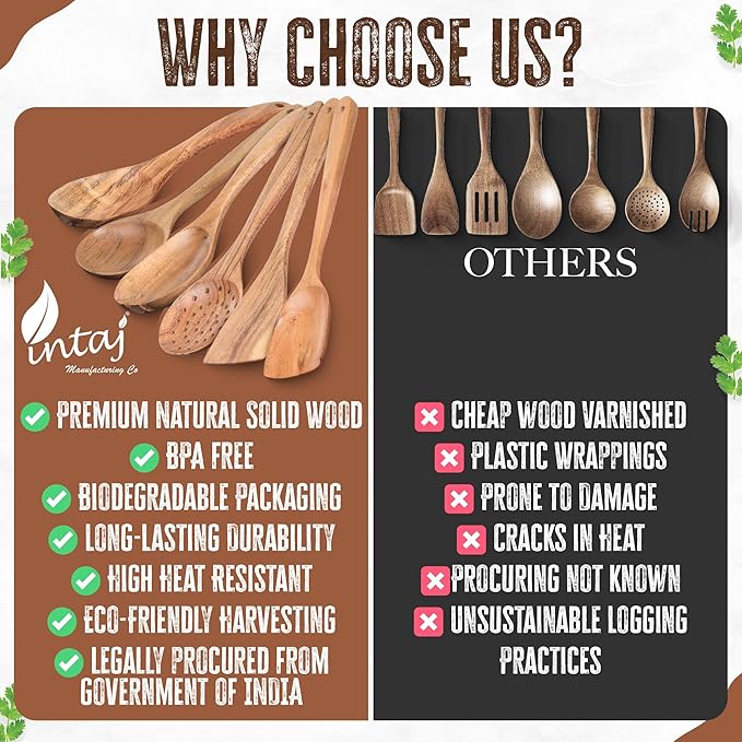 INTAJ Wooden Spoon Set for Cooking, 6-Piece Handmade Teak Kitchen Utensils