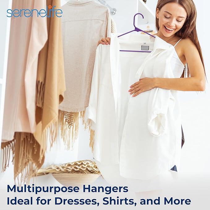 SereneLife 30 Pack Plastic Clothes Hangers – Ultra Lightweight Slim Non Slip Heavy Duty Closet Hanger Set for Coats Shirts Dresses Pants Durable Space Saving Wardrobe Organization (Purple)