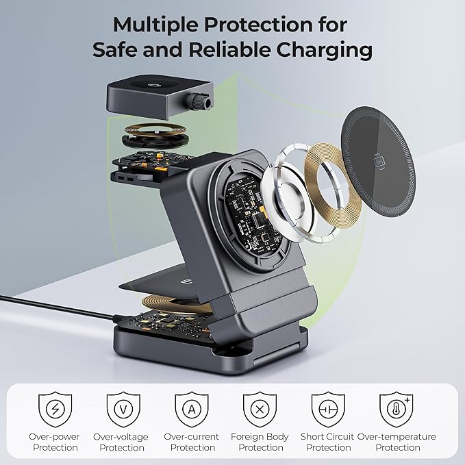 【2025 Upgraded】 Wireless Charger 3 in 1, Foldable Wireless Charging Station, Travel Magnetic Charger Stand, Nightstand 15W Charging Station for iPhone 16 Samsung S25 Samsung Watch TWS Earphone
