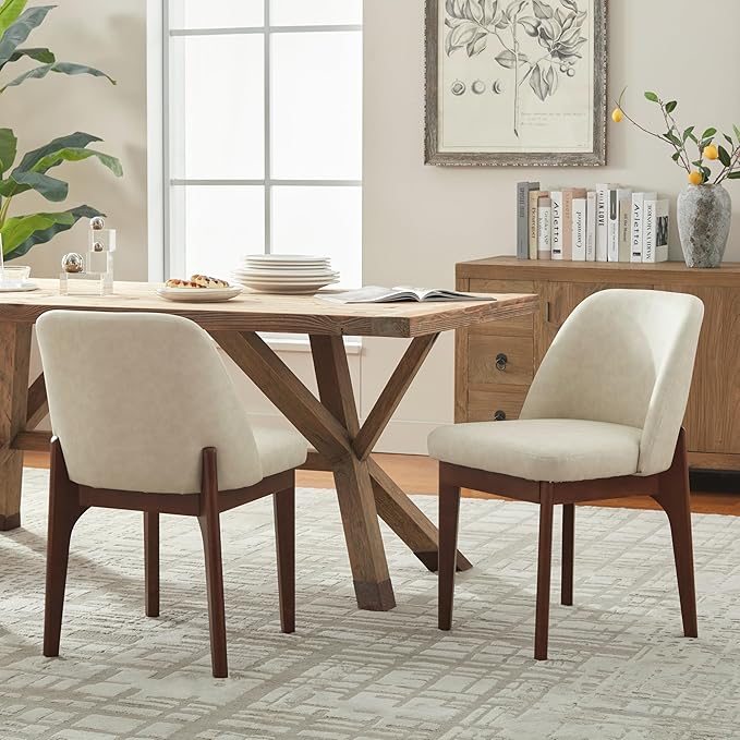 VKNOW Modern Dining Chairs Set of 2, Faux Leather Kitchen Chairs with Wood Legs, Upholstered Side Chair for Kitchen Dining Room, Beige