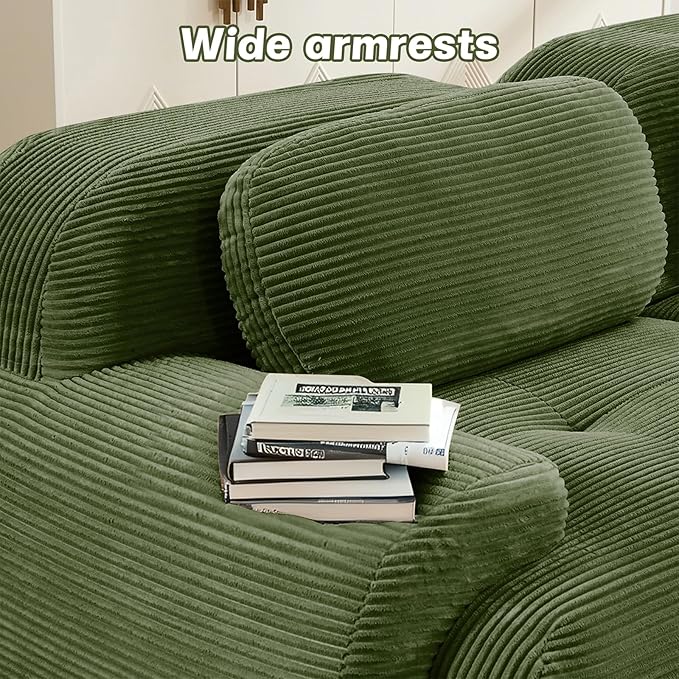 116" Modern Compressed Boneless Couch, 3 Seater Sectional Couches for Living Room, Green Corduroy Cloud Modular Sectional Sofa, Comfy Memory Foam, Extra Deep, Sofas para Sala, No Assembly
