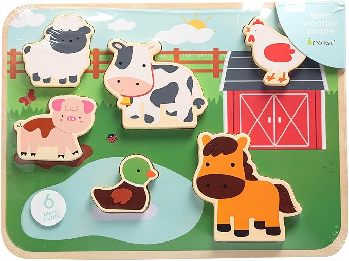 Pearhead Wooden Barn Puzzle Toy, Farm Animal Learning Puzzle for Toddlers, Montessori Educational Play, Easter Basket Gift