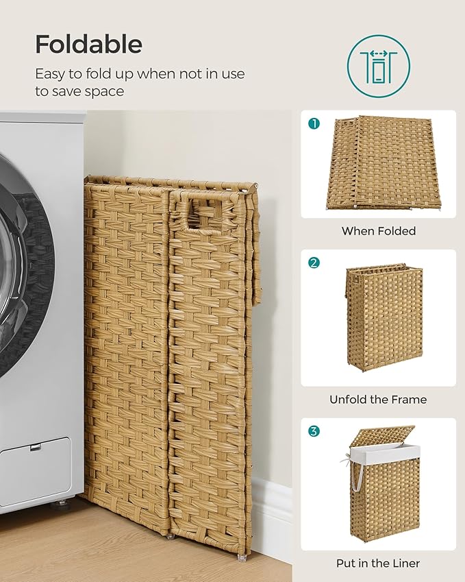 SONGMICS Slim Laundry Hamper with Lid, 14.5 Gallon (55L) Rattan Clothes Laundry Basket with Lid and Handles, Foldable, Removable Liner, Goose Yellow ULCB164N01