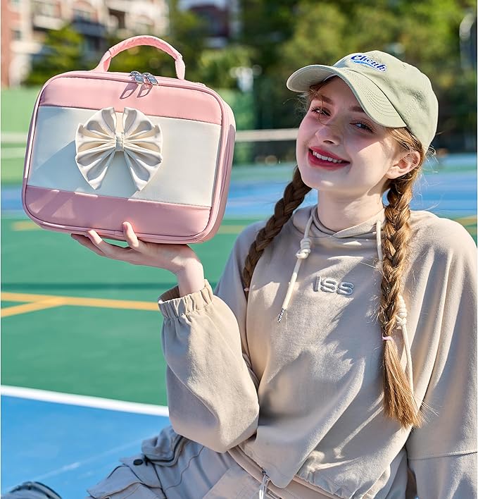 School Backpack for Girls 3PCS Nylon Kids Backpack Set with Lunch Box & Pencil Pouch, Cute Lightweight Teen Girls School Bag Laptop Bag Travel Daypack for Elementary Middle High School Beige Pink