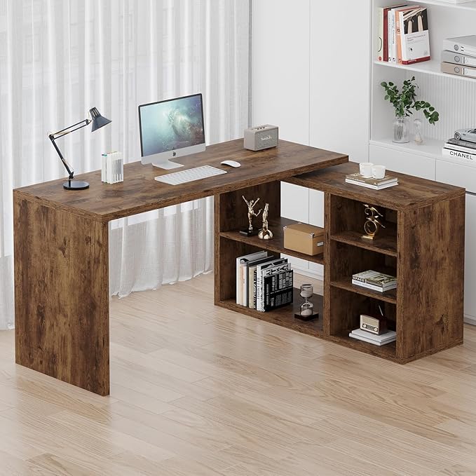 HSH Rustic L Desk with Storage Shelves, L Shaped Computer Desk with Open Storage Cabinet, Vintage Reversible Corner Home Office Desk for Living Room, Office, Rustic Brown 55 in
