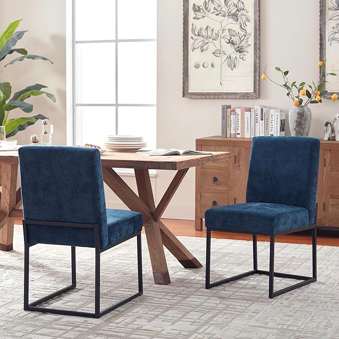 VKNOW Upholstered Dining Chairs Set of 4, Modern Dining Room Chairs, Linen Kitchen Chair Dinner Chair with Black Metal Base for Kitchen Office, Blue-Unstriped