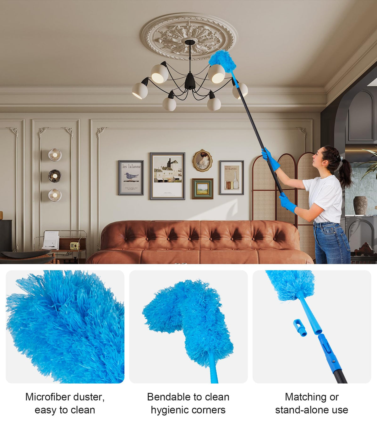 Swivel Squeegee Kit with 4 Extension Poles,Glass Scraper, Bendable Duster, 2 Window Scrubber Cloth for Glass, Car, Floor, Home,Garden