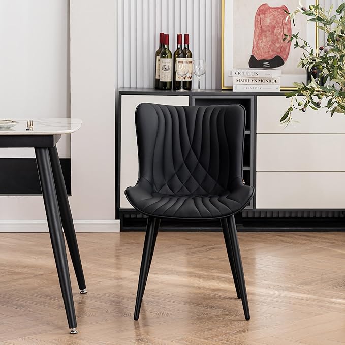 Kidol & Shellder Black Dining Chairs Set of 2,Faux Leather Upholstered Mid Century Modern Kitchen&Dining Room Chair with Back,Ergonomic Armless Vanity&Living Room Chair with Metal Legs