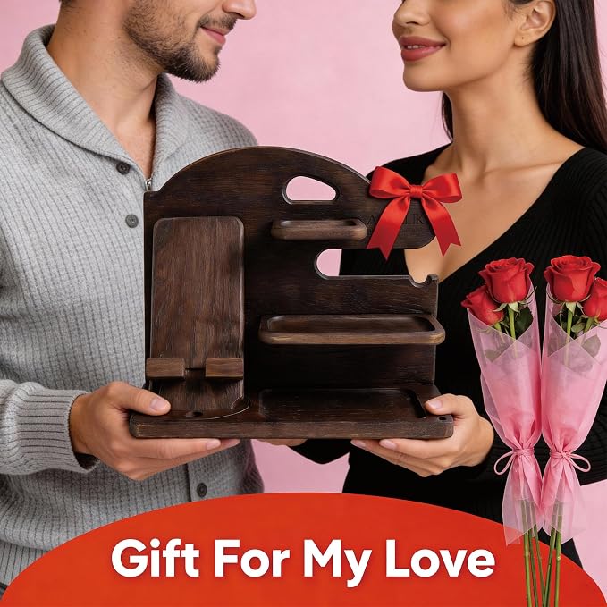 Wooden Phone Docking Station for Men Solid Wood Nightstand & Desk Organizer Ideal Gift for Dad and Husband
