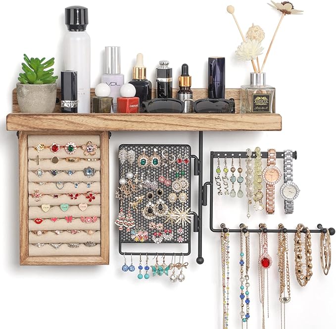 SOLIMINTR Hanging Jewelry Organizer Wall Mount with Rustic Wood Shelf, Ring Display Box, Ear Studs Earring Holder, Rotating Necklace Holder Organizer