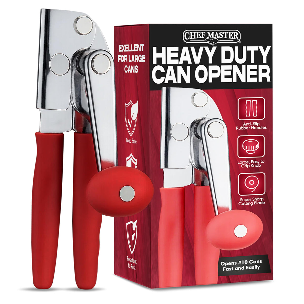 Chef Master Commercial Can Opener Heavy Duty - Manual Hand Crank for Large Cans with Anti-Slip Grip - Stainless Steel Restaurant Can Opener Manual for Seniors, Kitchen, Bars & Food Trucks - 90056