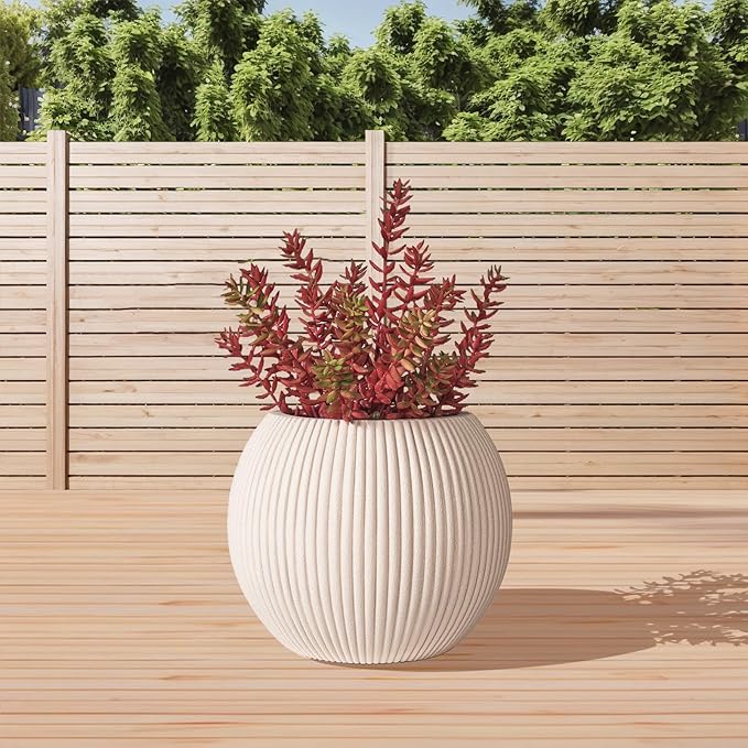 16 Inch Handmade Outdoor Planter - Classic Striped Design | Fiberglass & Composite Material | Durable for Commercial & Home Decor