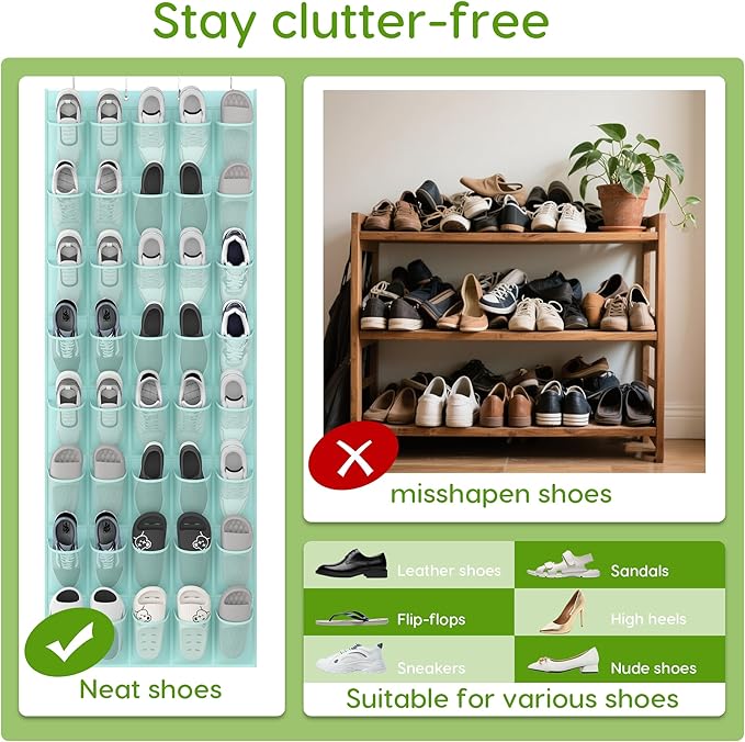 Unjumbly Over the Door Shoe Organizer with 40 Large Breathable Mesh Pockets, Space Saving Shoe Holder, Hanging Shoe Rack for Entryway Bedroom Closet Storage (Mint Blue, 40 Pockets)