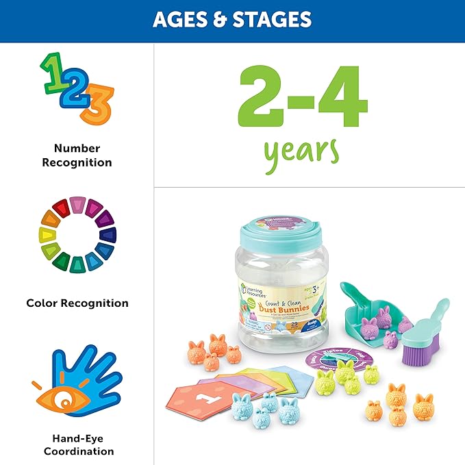Learning Resources Count & Clean Dust Bunnies - Fine Motor Skills, Color and Shape Matching for Kids, Number Recognition, Toddler Montessori Sensory Toys, Birthday Gift for Boys and Girls