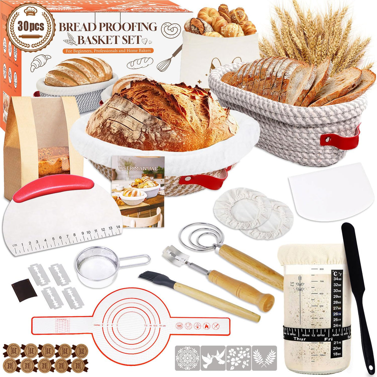 Sourdough Starter Kit, Sourdough Bread Baking Supplies, Cotton Rope Banneton Bread Proofing Basket Set with Sourdough Starter Jar for Bread Making Baking, Sour Dough Kit Tools Gifts for Bakers Women