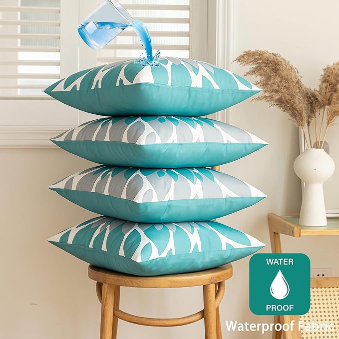 Qahing Pack of 4 Outdoor Waterproof Pillow Covers 16x16 Decorative Outdoor Throw Pillows Garden Square Cushion Cases for Patio Furniture, Couch, Tent Sunbrella, Bench, Teal Turquoise Grey