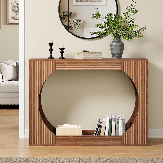 43.3" Console Table with Storage, 2-Tier Wooden Entryway Table with Carving Lines, Mid-Century Modern Accent Rectangular Sofa Table Behind Couch for Foyer, Entrance, Living Room, Hallway (Walnut)
