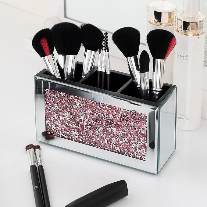 SHYFOY Mirrored Makeup Brush Holder Organizer, 3 Slots Glass Cosmetic Brushes Storage Holder with Pink Crushed Diamond, Pencil Pen Holder for Desk, Desk Organizer and Accessories for Vanity