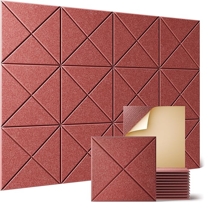 Sonicism 12 Pack X-Lined Acoustic Panels with Self-Adhesive, 12"X 12"X 0.4" Sound Proof Foam Panels, Decorative Soundproof Wall Panels, Sound Absorbing Tile for Home & Offices, Red