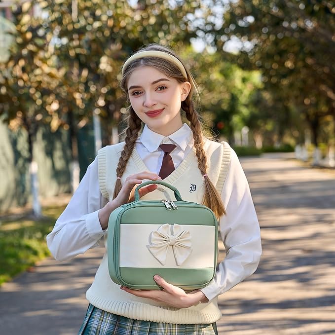 School Backpack for Girls 3PCS Nylon Kids Backpack Set with Lunch Box & Pencil Pouch, Cute Lightweight Teen Girls School Bag Laptop Bag Travel Daypack for Elementary Middle High School Beige Green