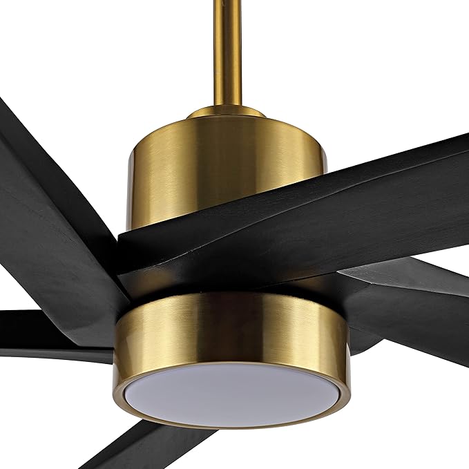 WINGBO 54 Inch DC Ceiling Fan with Lights and Remote Control, 5 Reversible Carved Wood Blades, 6-Speed Noiseless DC Motor, Modern Ceiling Fan in Brass Finish with Black Blades, ETL Listed