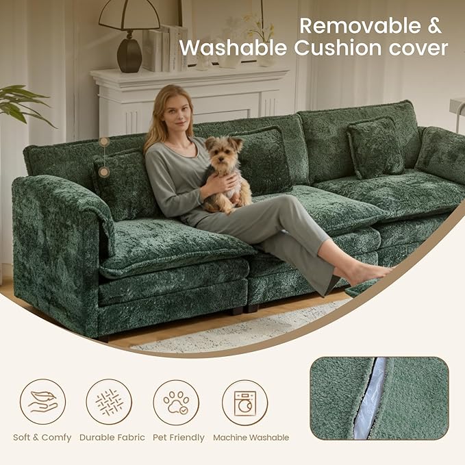 147.8" U Shaped Modular Sectional Sofa, Comfy Cloud Couch with Movable Ottoman, Deep Seat Modular Sofa, Sectional Couches for Living Room, Bedroom, Apartment (Green)