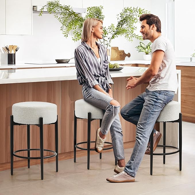 Counter Height Bar Stools, Set of 4, 24" Modern Backless Bar Stools, Ideal for Kitchen Counter, Kitchen Island, Boucle Sherpa Padded Cover, with Round Soft Seat and Foot Rest, White