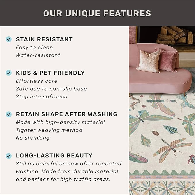 Washable Sage Green Large Entryway Rug, 3x4 Area Rugs for Laundry Room, Kitchen, Bedroom, Dorm, Insect Print Vintage Floral Non-Slip Throw Rug Low Pile Stain Resistance