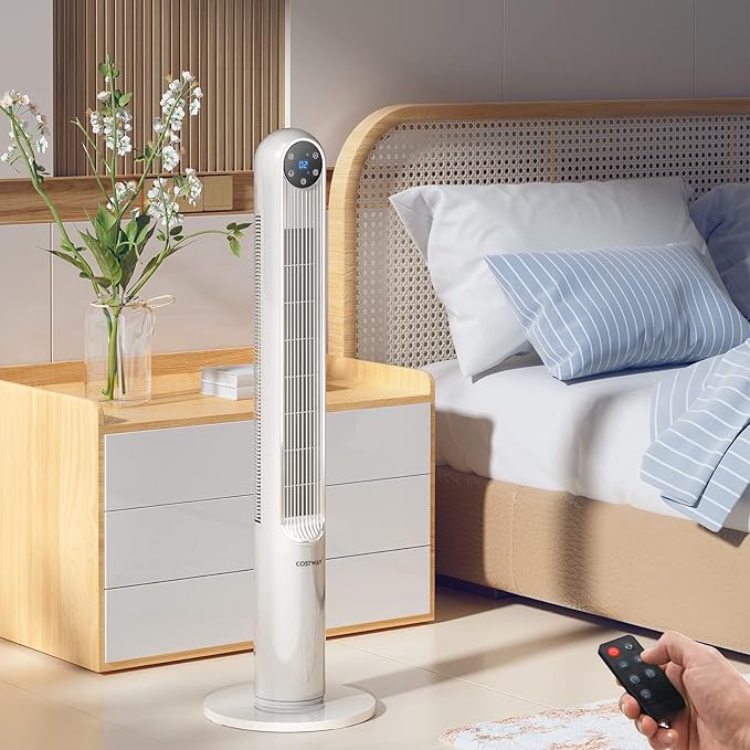 GOFLAME Tower Fan with Remote Control, 42" 80° Oscillating Quiet Cooling Fan with 3 Wind Modes, LED Control Panel and 12H Timer, Portable Bladeless Standing Fan for Bedroom Living Room Office (White)