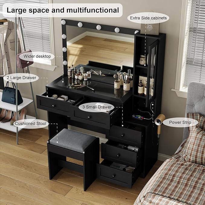 43" W Vanity Desk with Mirror & 11 Lights, 5 Drawer Modern Makeup Desk with Glass top & Cushioned Stool, 3 Lighting Modes Brightness Adjustable,Power Outlet,Bedroom,Black