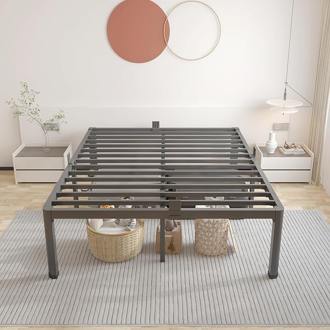 ROIL 20 Inch Queen Bed Frame with Rounded Corner and Headboard Hole Mattress Retainers 3500LBS Metal Heavy Duty Steel Slats No Box Spring Needed Platform Noise-Free Easy Assembly