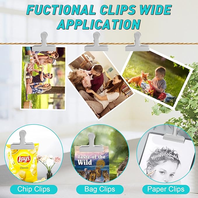Funfery Silver Large Chip Clips for Food Packages, 3 Inch Wide Bag, Food,Kitchen Clips for Snack, Kitchen Home Metal Chip for Organization, Office Heavy Duty Paper Clamps(8 Pack)