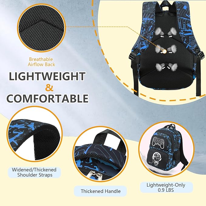 Boys Backpack with Lunch Box Glow in Dark Gamer Bookbag Kids Ages 4-12 Kindergarten Elementary Middle School Gaming Backpack, Luminous Game Boy Black Blue