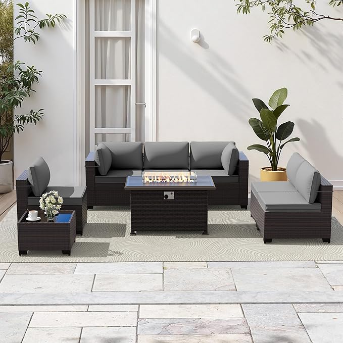 Gotland 8 Pieces Patio Furniture Set with Fire Pit Table, All Weather Rattan Outdoor Furniture with 29.5'' High Backrest 4’’ Thick Cushions Coffee Table, Outdoor Sectional for Porch, Deck, Gray