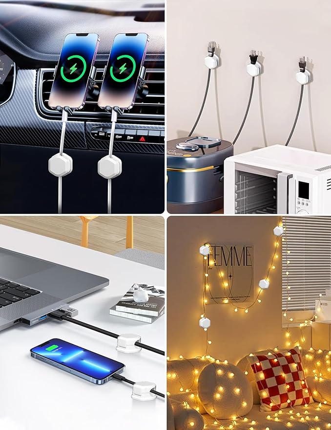 Cord Holder - Cable Clips - Cord Organizer for Desk - Cord Holder for Nightstand - for Desk, Nightstand, Phone Charger, Computer, Home, Office, Car(12pcs)