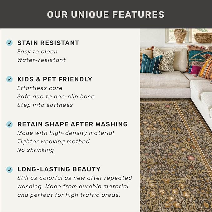 Vintage Brown 4x6 Area Rugs for Large Entryway, Bedroom Beside Rug, Kitchen, Mudroom, Non-Slip Low Pile Ultra Soft Stain Resistant Small Floral Carpet