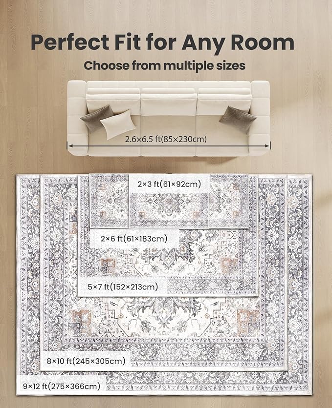 AMADA HOMEFURNISHING 5x7 Area Rugs, Washable Living Room Rug Low-Profile with Non-Slip Backing & Durable Edge Binding, Vintage 5x7 Rugs for Living Room, Bedroom, Dinning Room