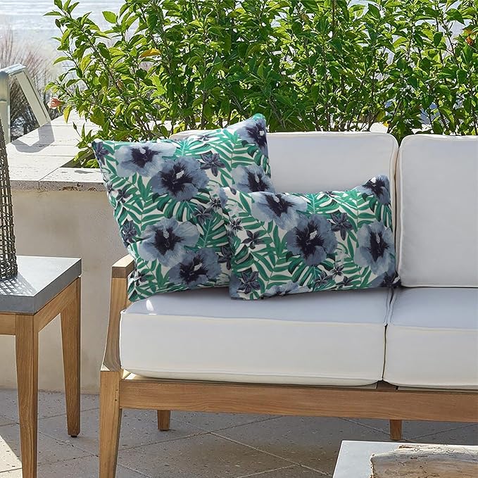 Outdoor Lumbar Pillows 12x20 inch, Rectangle Throw Pillows with Inserts, Decorative Lumbar Cushions for Patio Furniture Garden Couch Home Sofa Office Chair, Pack of 2,Blue Salmone Tropical