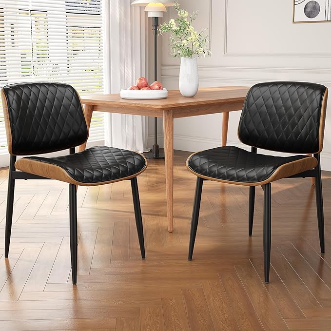 Dining Chairs Set of 6, Mid-Century Modern Upholstered PU Leather Chairs with Walnut Back and Metal Legs Adjustable Feet for Kitchen Dining Room, Black Diamond Plaid