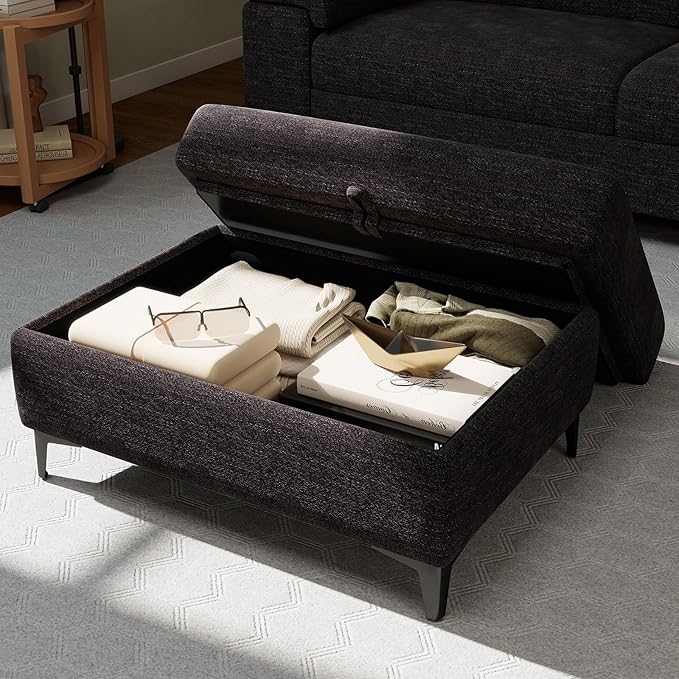 35" Large Storage Ottoman for Living Room, 7.8" Deep Seat Rectangular Ottoman Foot Rest for Couch, Chenille Storage Footstool Load 350 lb (Dark Dray)