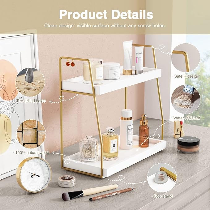 Forbena Bathroom Organizer Countertop, Counter Organizer for Bathroom Decor, Wooden Sink Shelf for Vanity Storage, Makeup Tray for Perfume Skincare Bedroom Kitchen Corner (2 Tier, White and Gold)