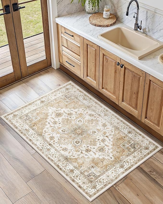 AMADA HOMEFURNISHING 2x4 Washable Area Rug, Low-Profile Entryway Rug with Non-Slip Backing & Durable Edge Binding, Vintage Rug Pattern, Small Rugs for Entryway, Kitchen & Living Room