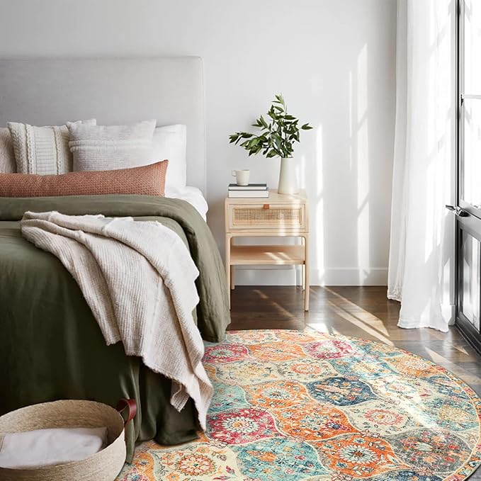 Lahome Moroccan Trellis Washable Round Area Rug, Soft Round Rugs 6ft Ultra-Thin Non-Slip, Vintage Large Circle Carpet for Bedroom Living Room Kitchen Nursery, Cream/Multi