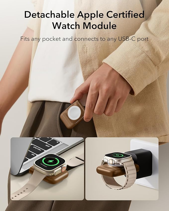 ESR 3 in 1 Charging Station for Apple, Certified Apple Watch Charger, 15W MagSafe Charger Stand for iPhone, Travel Charger for iPhone 17/16/15/14/13, Watch, AirPods,Brown