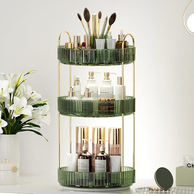 360° Rotating Makeup Organizer, Upgraded 3 Tier Skincare Perfume Organizers for Women, Bathroom Organizer Countertop, Clear Cosmetic Dresser Organizer with Makeup Brush Holder, Sink&Counter (Green)